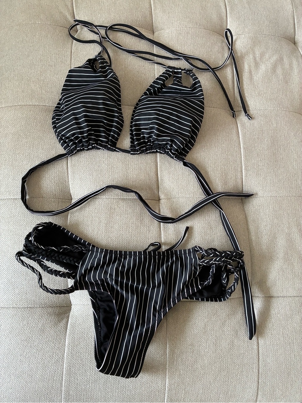 Striped Black & White Tie-Side Bikini Set
